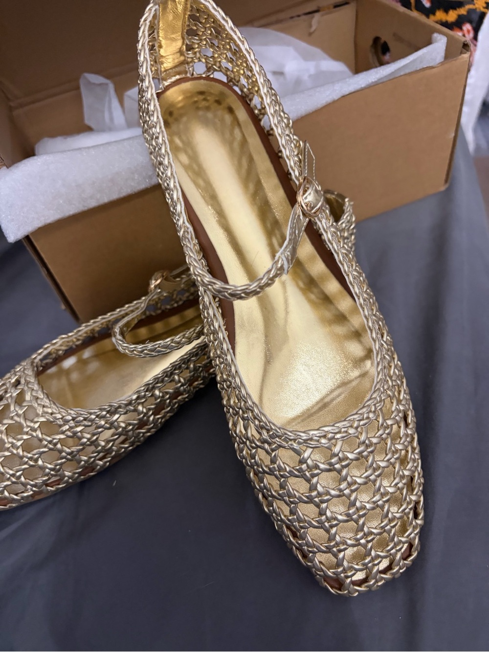 Gold Woven Mary Jane Flats - square toe Mary Jane ballerina. Size 8 Shoes NWT